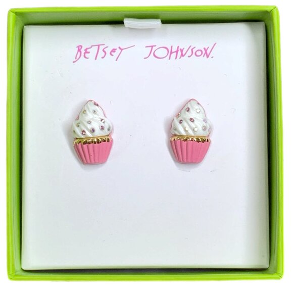 Betsey Johnson Babycakes Gold Tone Pink White Rhinestones Cupcake Stud Earrings - Picture 1 of 9